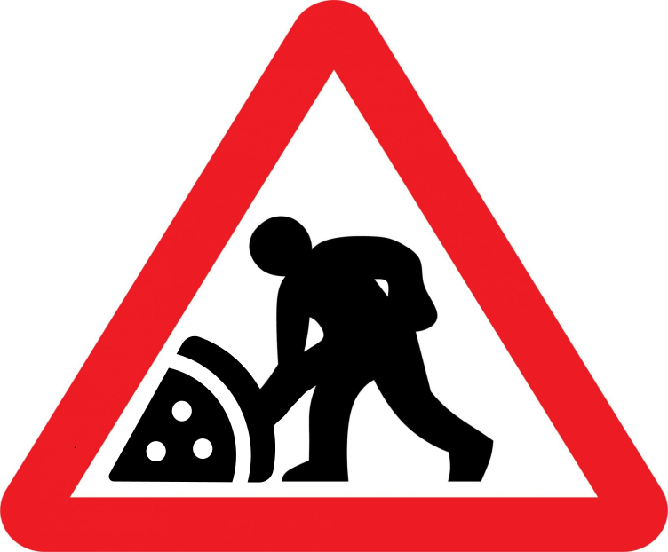 person at work shovelling pizza roadsign